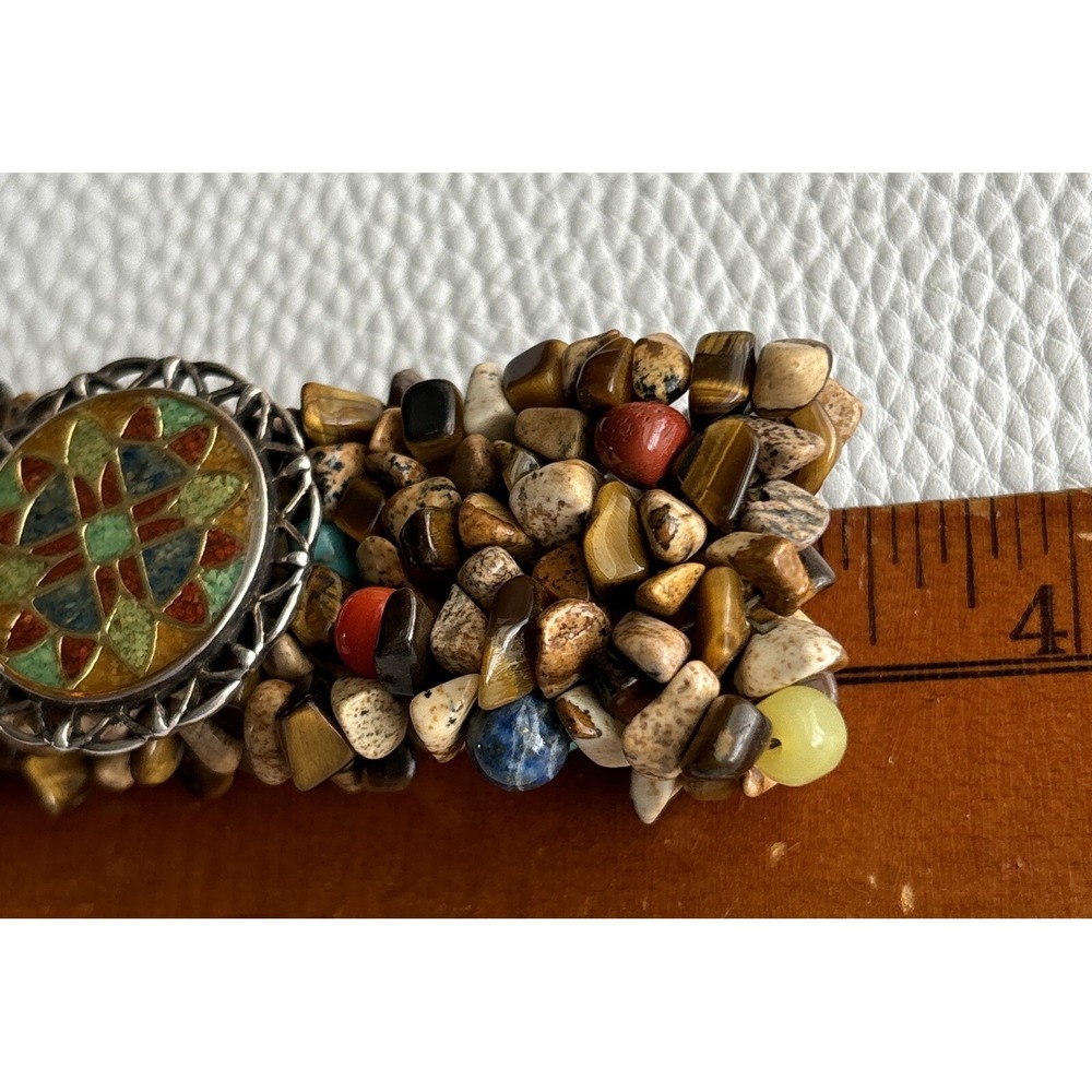 Vintage CAROLYN POLLACK Bracelet 925 Jasper Tiger's Eye Cluster Stretchy Mosaic - Picture 7 of 9